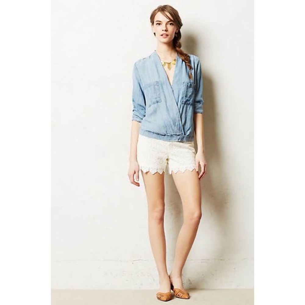 Anthro | Elevenses Scalloped Crochet White Shorts